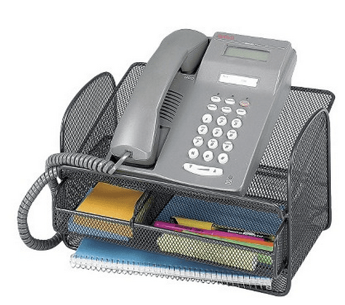 A mesh phone holder with a phone and other items.