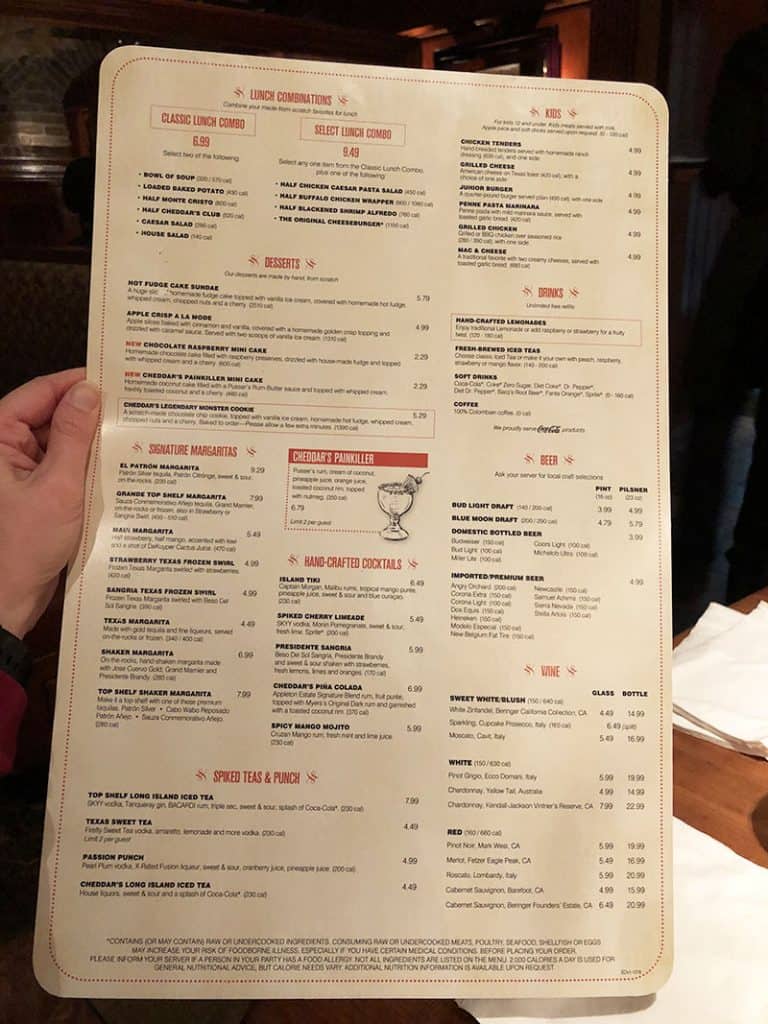 New Cheddar's Restaurant Menu Prices Drinks and Desserts 2019