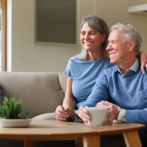 A man and woman sit together on a sofa, smiling.