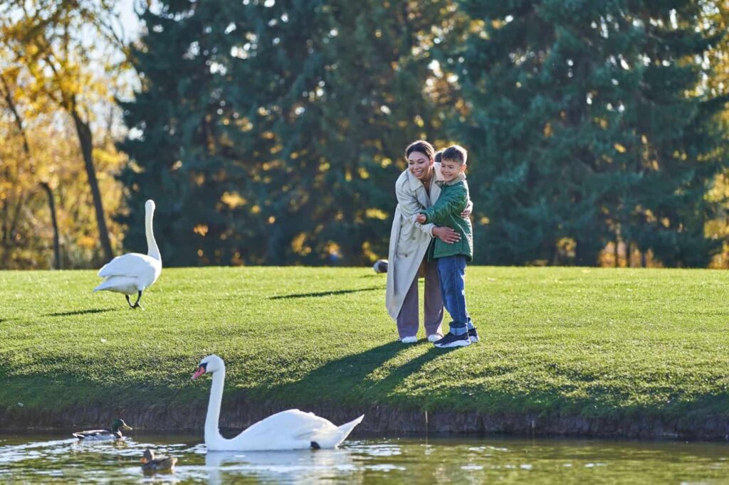 A woman and a child stand by a pond, hugging and observing swans and ducks on the water in a sunlit park—one of the best things to do in nature.