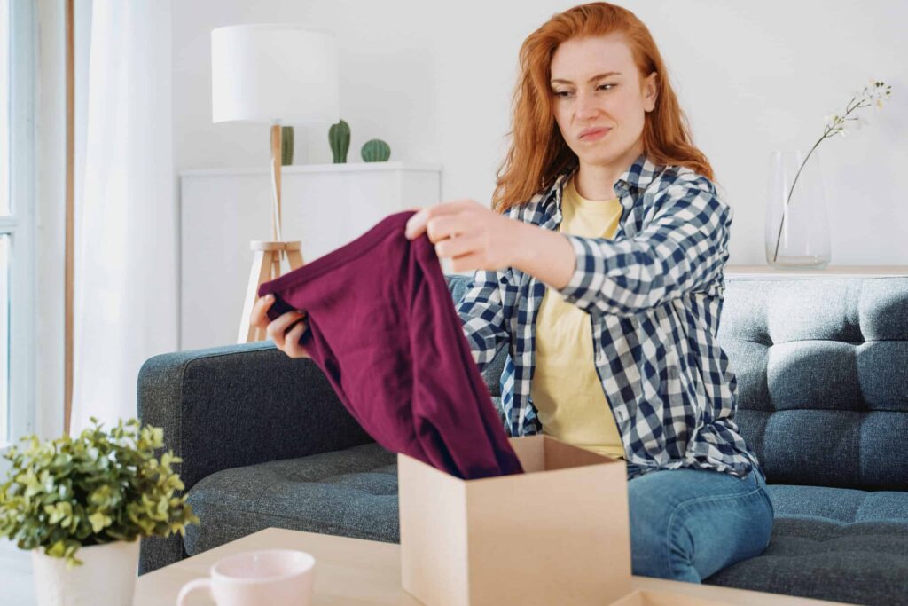 A woman sitting on a couch looks with a displeased expression at a piece of purple clothing from an open box, wondering why people buy such useless products.