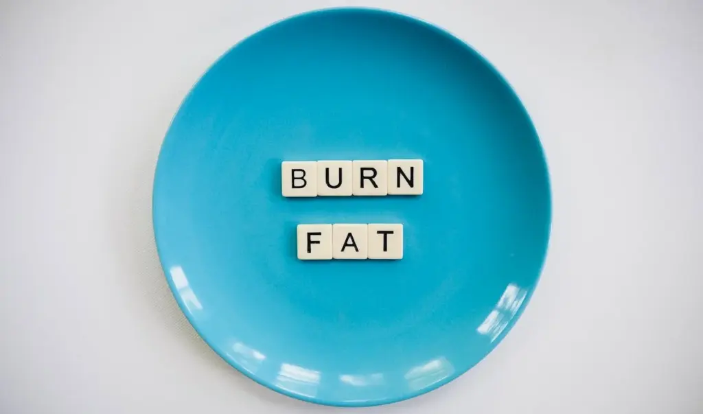 A blue plate with Scrabble tiles arranged to spell "BURN FAT" in the center.