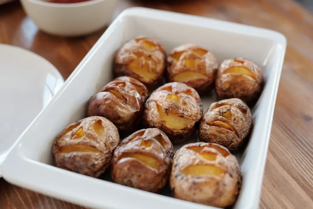 White rectangular dish containing baked potatoes with slits on top, placed on a wooden table with a white plate and a bowl in the background.