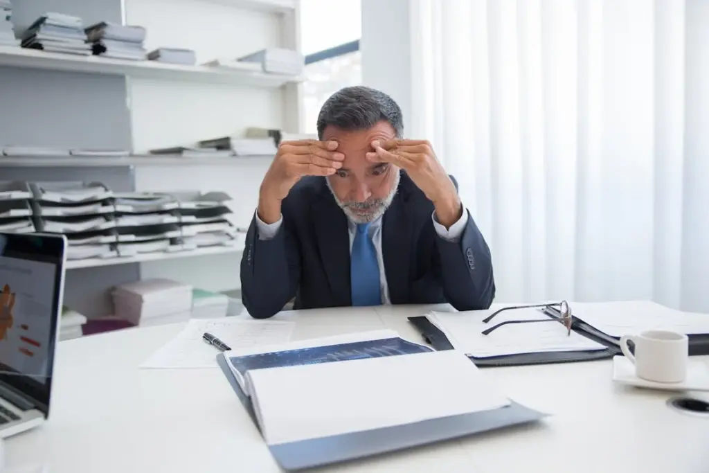 A man in a suit and tie sits at a cluttered desk with his hands on his forehead, appearing stressed. A laptop, documents, and a cup of coffee are on the desk. He seems deep in thought about why companies do not hire over 50.