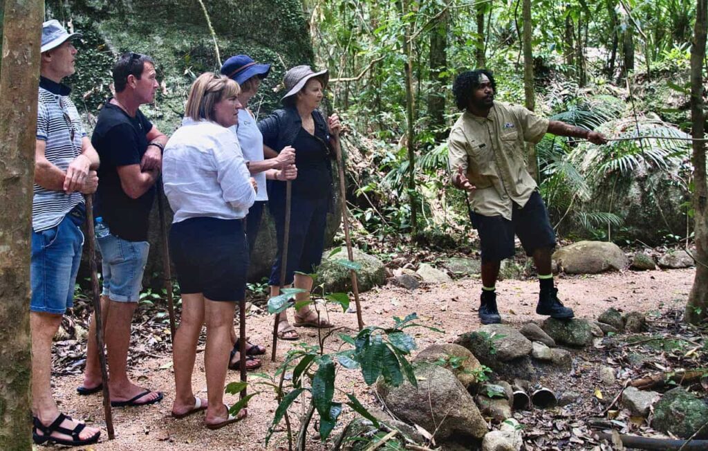 A guide explains something to a small group during a nature walk in a forested area. The group is standing on a dirt path surrounded by trees and foliage, with most members holding walking sticks. This serene experience occurs in places where it is not recommended to leave a tip.