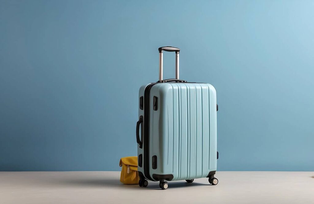 A light blue hard-shell suitcase with a telescoping handle and four wheels stands next to a small yellow bag against a plain blue background.