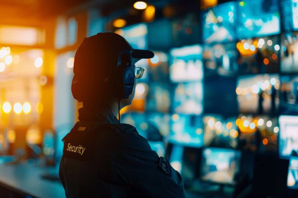 A security guard wearing a cap and headset monitors multiple surveillance screens in a control room with dim lighting.