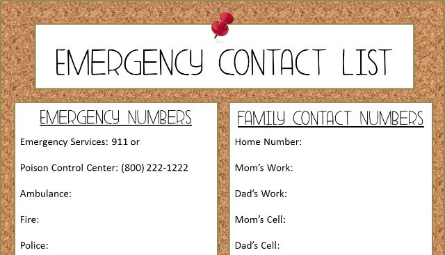 Corkboard with two pinned lists labeled "Emergency Numbers" and "Family Contact Numbers" detailing emergency services and family contact numbers.
