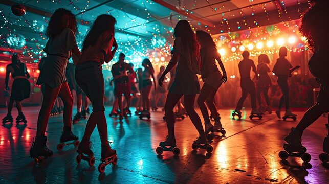 A group of people are roller skating under colorful lights in a lively indoor rink with festive string lights hanging from the ceiling.