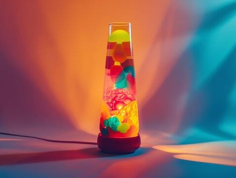 A lava lamp with colorful blobs is illuminated against a background of blue and orange lighting.