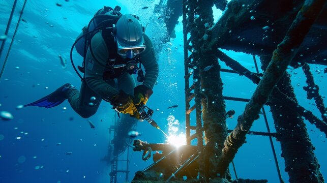A diver in scuba gear is underwater, using a welding tool on a metal structure, surrounded by fish and blue water.