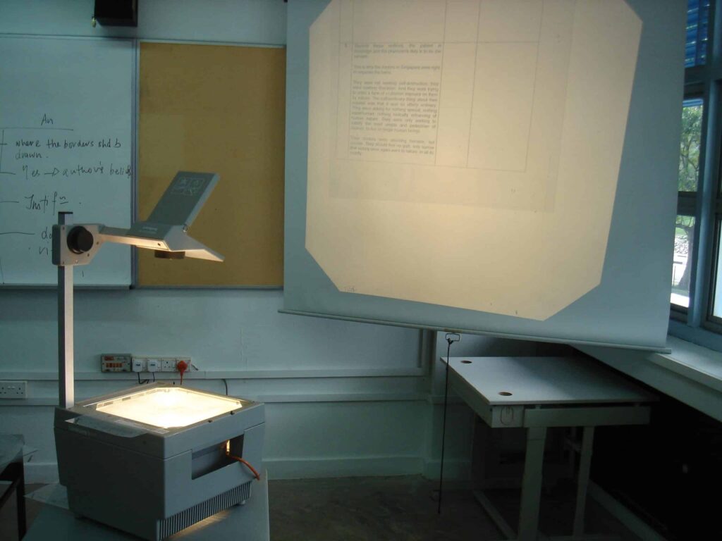 An overhead projector displays text onto a projection screen in a classroom equipped with a dry-erase board and desk.