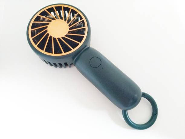 A handheld, portable fan with a black and yellow design, featuring a circular fan head and an attached loop handle.
