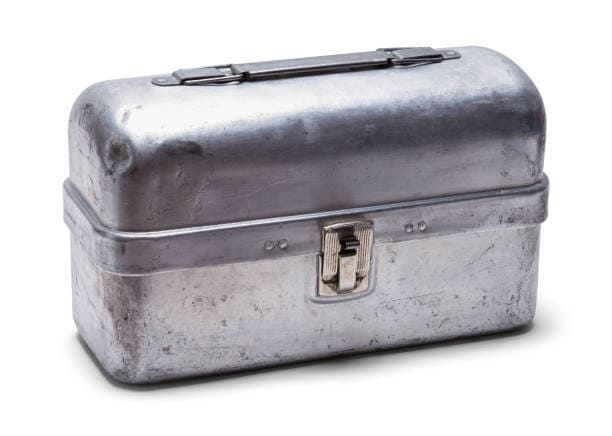 A silver metal lunchbox with a latch and handle, showing signs of wear.