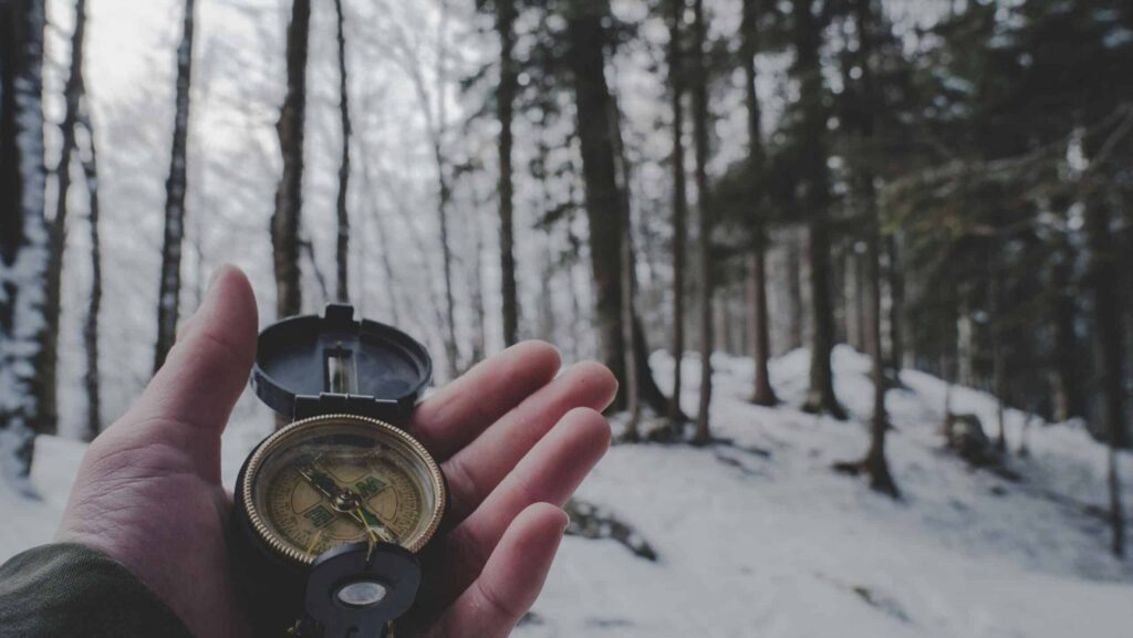 A hand holding a compass in a snowy forest, surrounded by tall trees.