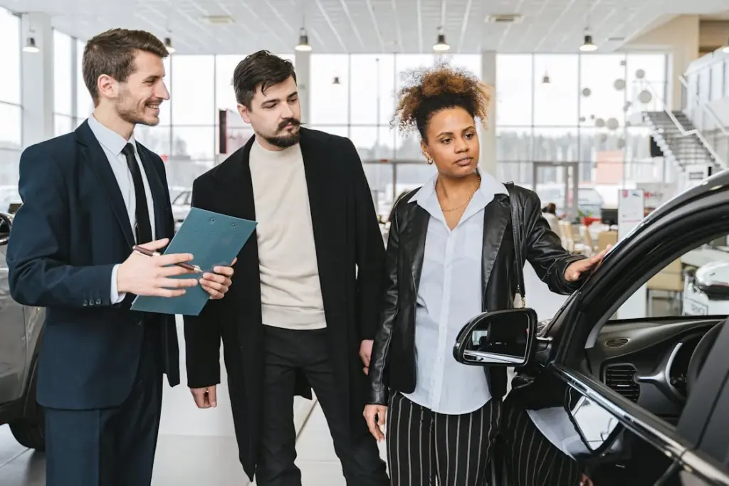 Three people are examining a car at a dealership. One man is holding a clipboard and smiling, while a man and woman look at the car's side mirror and door. They are indoors with cars in the background.