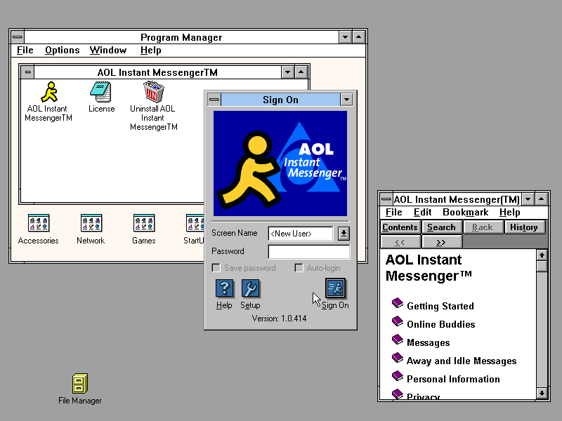 Screenshot of AOL Instant Messenger's sign-on screen and interface, featuring login fields, options for saving passwords and auto-login, and multiple window panels with various settings and information.
