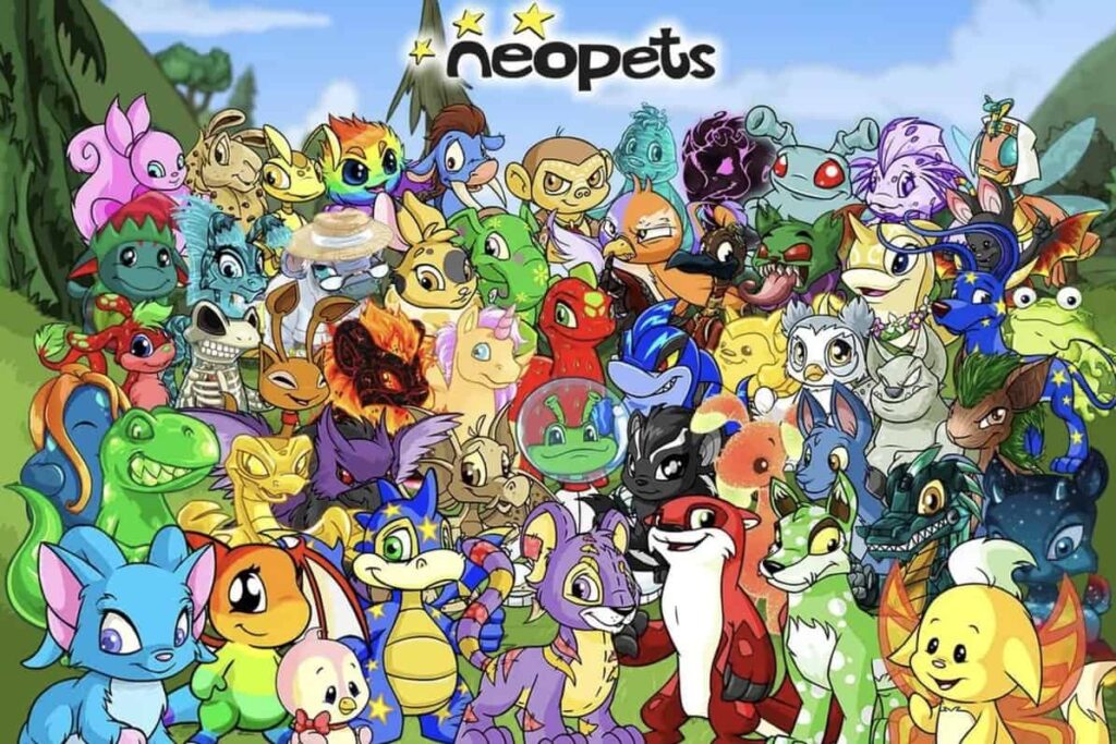 A diverse group of colorful, cartoon-style creatures from Neopets standing together in front of a landscape, with the "Neopets" logo at the top of the image.