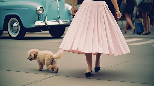 A woman wearing a light pink skirt walks a small fluffy dog on a city street. A vintage blue car is parked nearby.