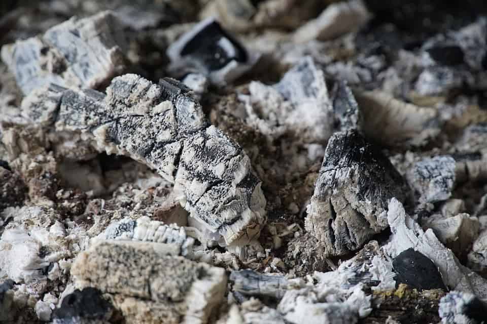 Close-up of white and black ash remnants from a fire, with chunks of burned wood scattered among the ashes.