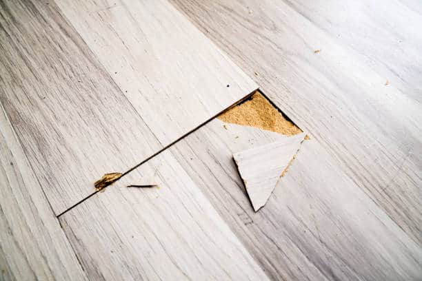 A close-up of a damaged wooden floor with a piece of the wood lifted and cracked.