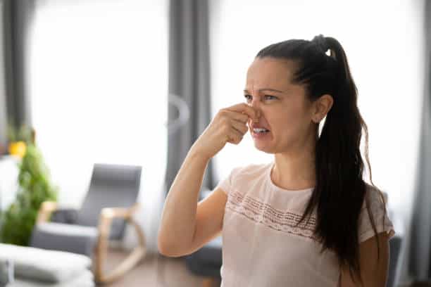 A woman stands indoors, pinching her nose with a disgusted expression on her face.