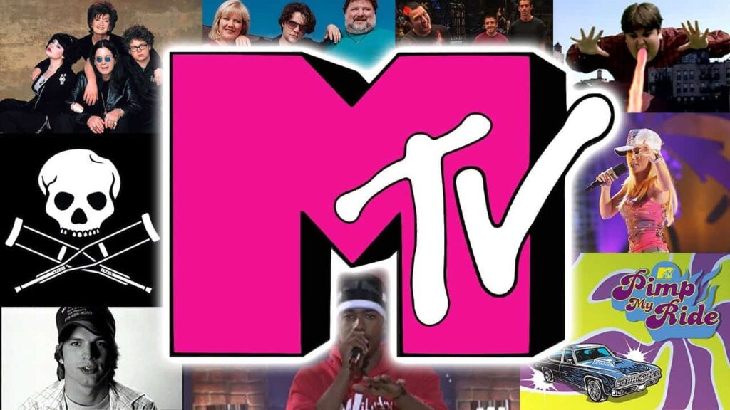 A collage featuring the MTV logo in the center, surrounded by various images of musicians, television hosts, and scenes from MTV shows, including a pirate flag, a car, and a singer with a microphone.