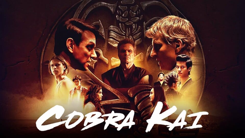 Poster for "Cobra Kai" featuring main characters against a dojo backdrop, with the series title at the bottom.