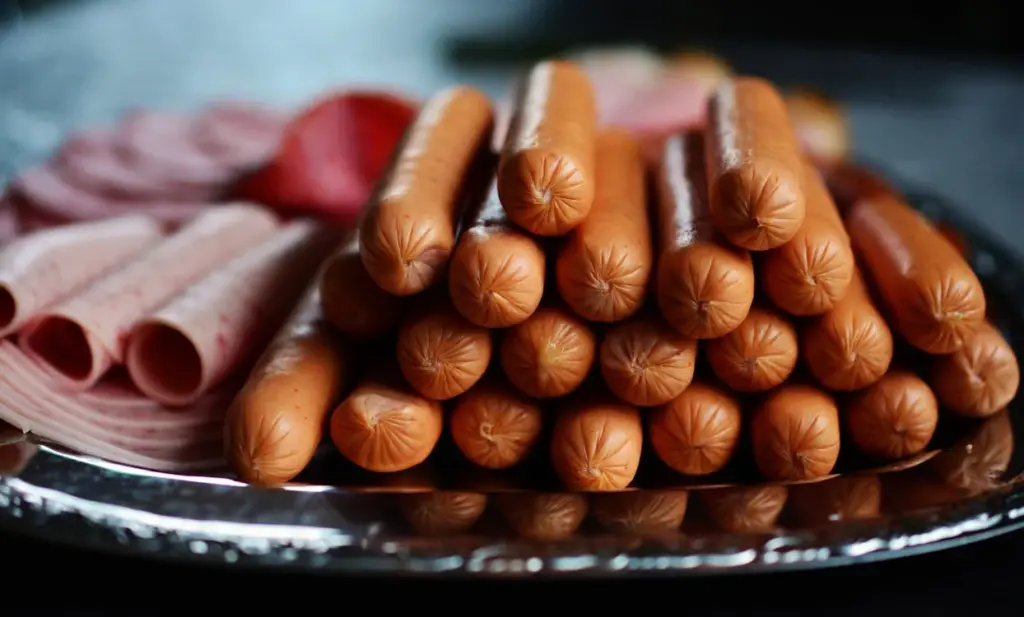A stack of uncooked hot dogs sits on a metal tray beside rolled slices of deli meats.