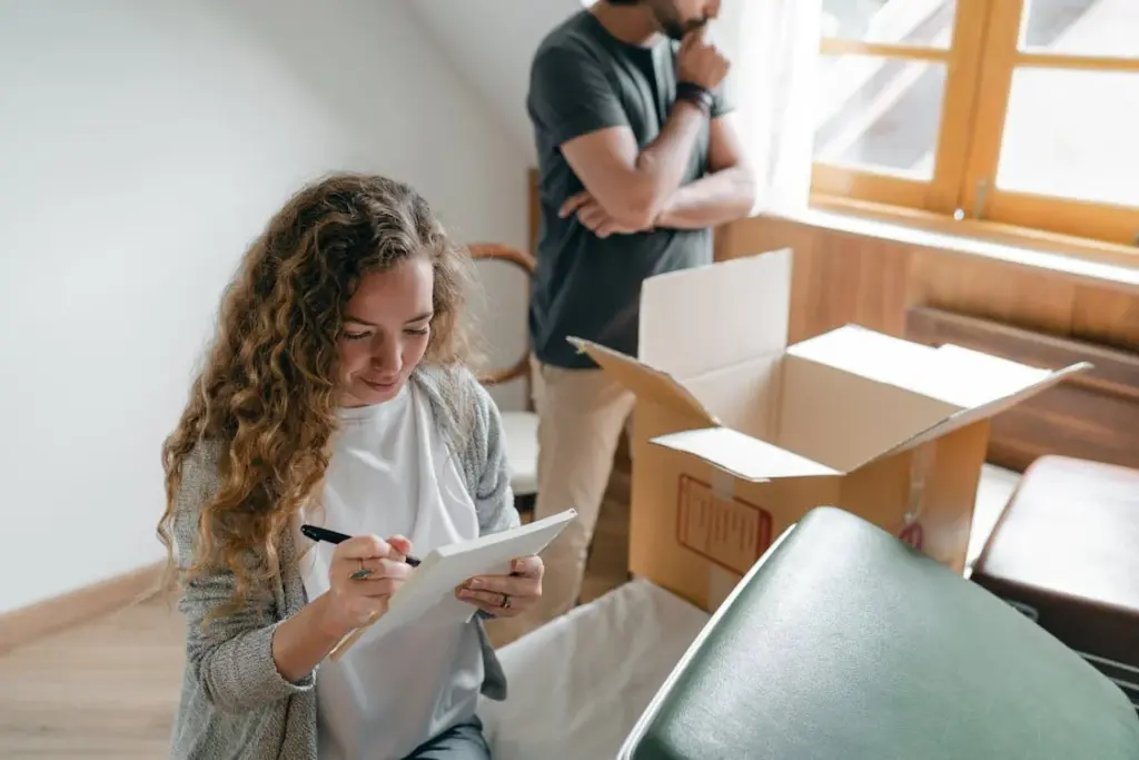 A woman writes on a notepad while a man stands beside an open cardboard box in a room with wooden walls and large windows.