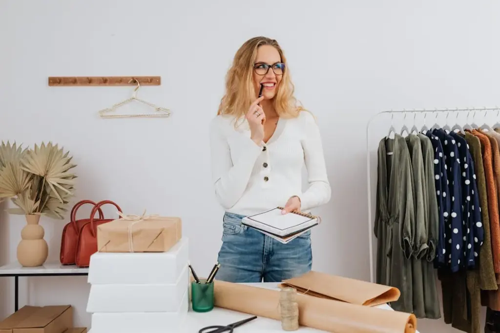 Woman standing in a store holding a notepad and pencil, with clothes hanging on a rack and gift boxes on a table.