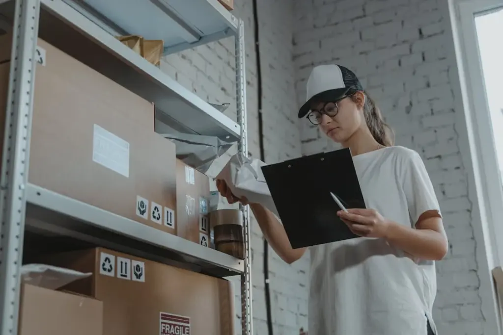 A person wearing a white t-shirt and cap checks inventory on a clipboard in a storage area filled with labeled cardboard boxes.