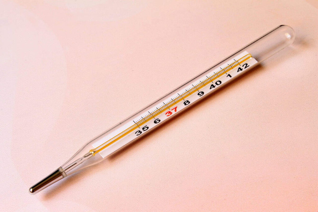 A glass mercury thermometer displaying temperatures from 35°C to 42°C, with a red mark at 37°C, placed on a neutral background.