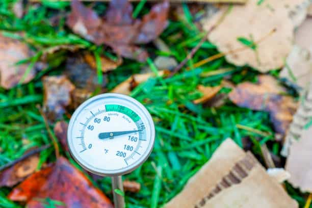 Close-up of a soil thermometer showing a temperature of approximately 80°F, placed in grass with leaves and cardboard pieces in the background.