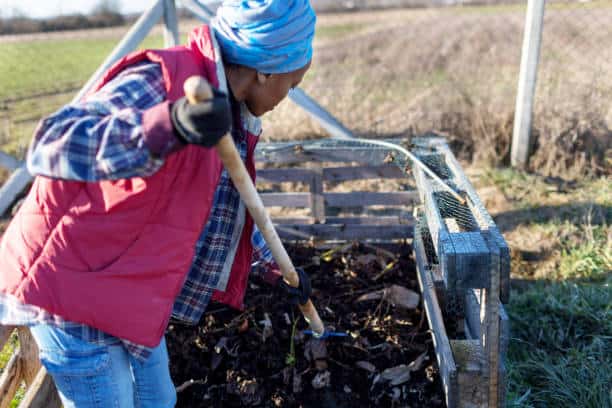 Person in a plaid shirt, red vest, and blue headscarf uses a pitchfork to turn compost in a wooden compost bin outside on a farm.