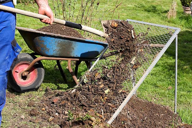 A person is shoveling soil onto a mesh screen placed over a wheelbarrow on a grassy area.