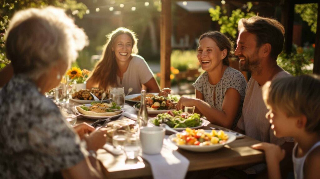A group of people gather around an outdoor table, sharing a meal and laughing. Plates of food and drinks are on the table, with sunlight illuminating the scene.