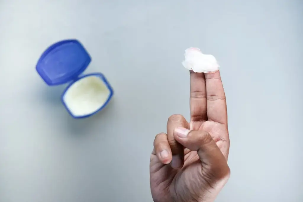 A hand holding a small amount of white cream on two fingers, with an open blue container in the background.