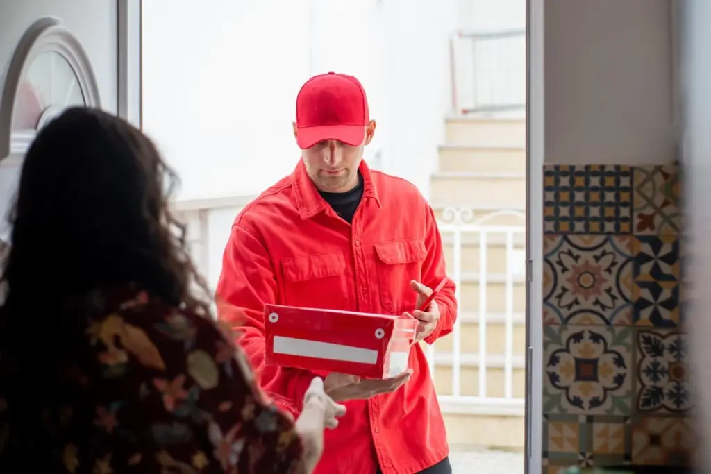 A person in a red uniform hands a package to someone at a doorway.