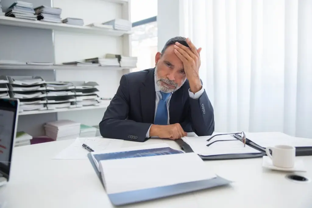 An older man in a suit sits at a desk with books and papers, looking stressed with his hand on his forehead.