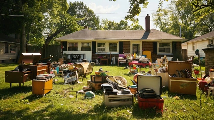 A yard sale with various items spread across a lawn, including furniture, electronics, and household goods, in front of a single-story house on a sunny day.