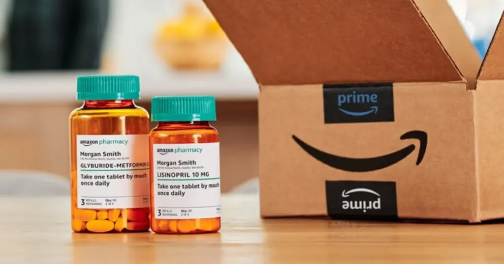 Two prescription pill bottles labeled "Glyburide-Metformin" and "Lisinopril" next to an open Amazon Prime delivery box.