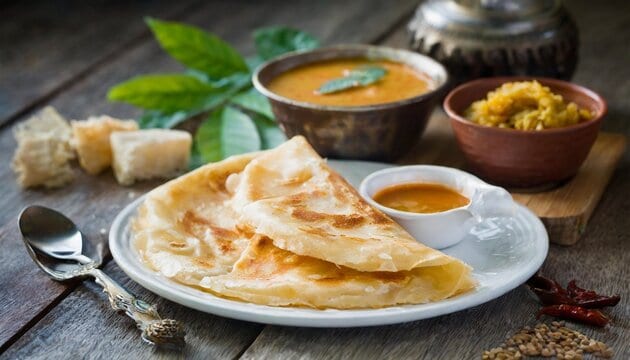 A plate with two folded flatbreads and a small bowl of curry, accompanied by a bowl of chutney and a dish of dal on a wooden table.