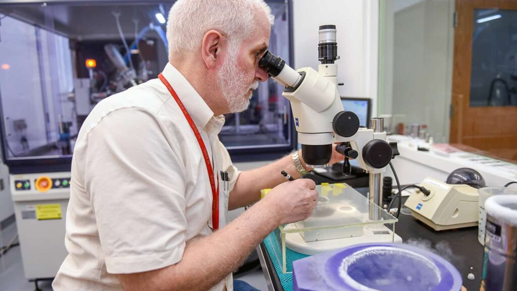 A man with gray hair uses a microscope in a laboratory setting. He is wearing a red lanyard and a short-sleeve shirt. Equipment and containers are visible around him.