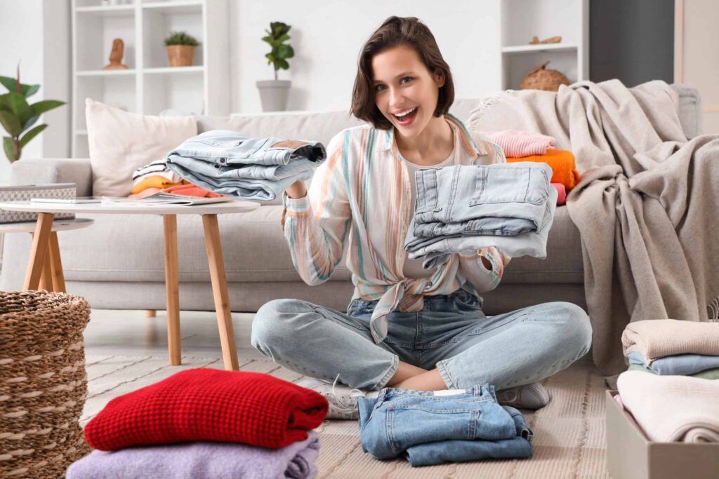Woman sitting on the floor holding folded clothes, surrounded by more folded clothing, in a living room setting.