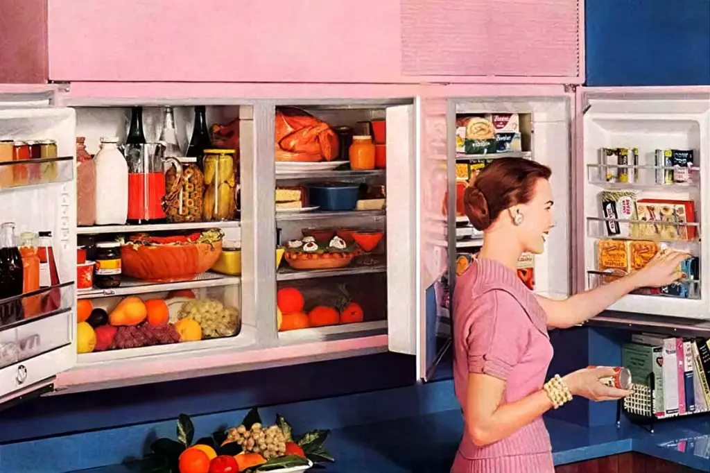A woman in a pink dress opens a vintage refrigerator with well-organized shelves containing various foods, jars, and fresh produce. A fruit bowl is on the counter beside her.