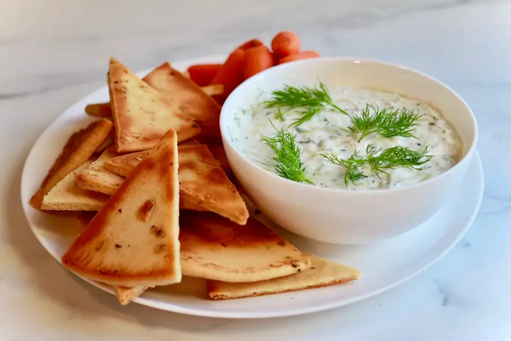 A bowl of creamy dip garnished with dill is on a plate, surrounded by toasted pita wedges and baby carrots.
