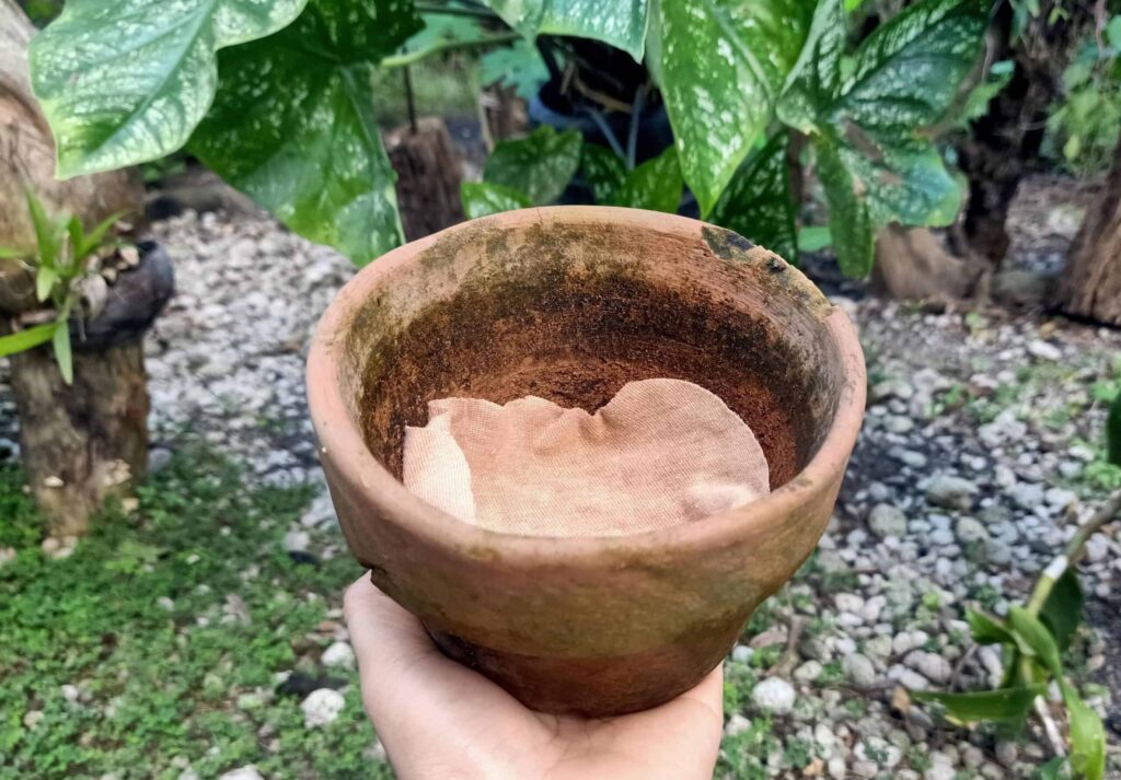 A person holds an empty, weathered clay pot with a piece of cloth inside. The background features green plants and a stone-covered ground.