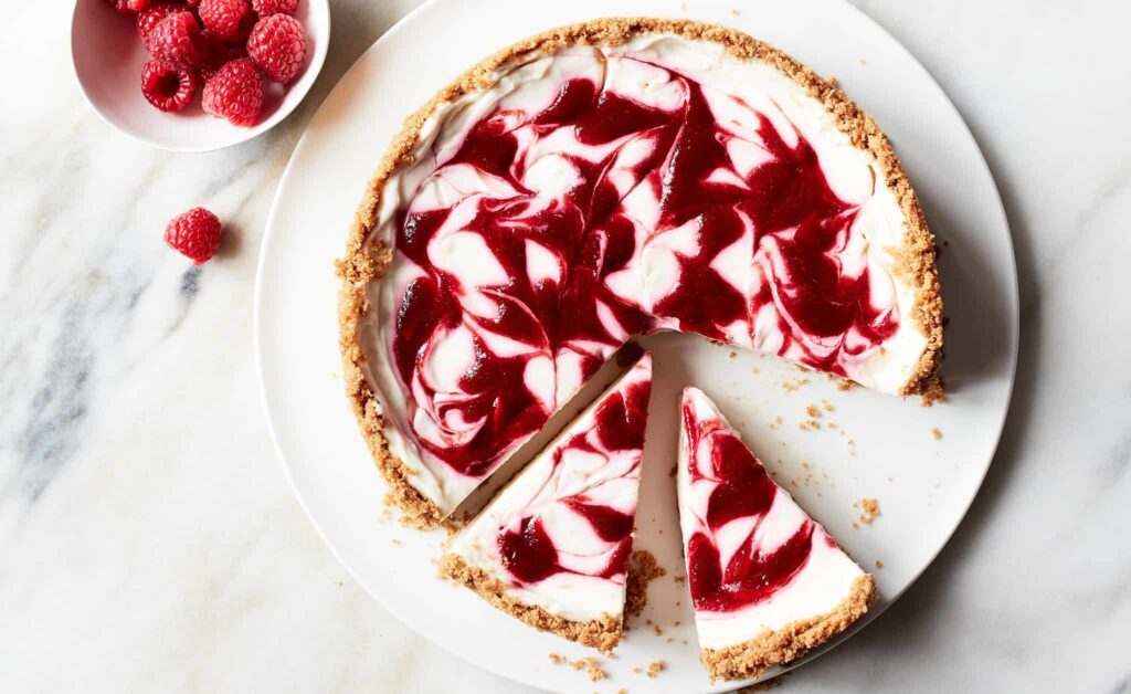 A marble-patterned raspberry swirl cheesecake with two slices cut out, placed on a white surface. A small bowl containing fresh raspberries is on the side.