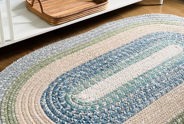 Oval-shaped braided rug with shades of blue, green, and beige on a wooden floor. A rattan tray sits on a white shelf above it.
